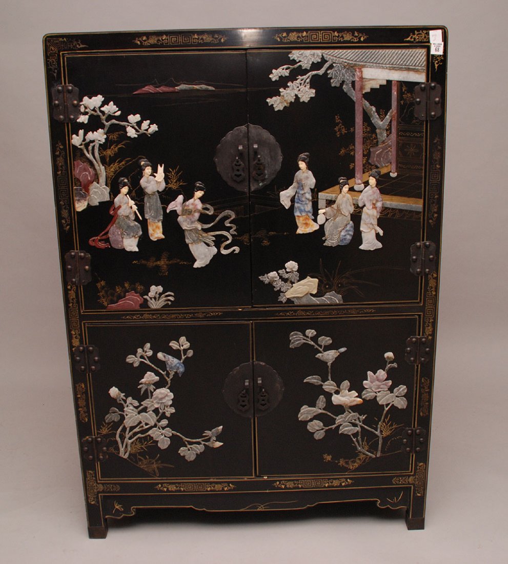 Oriental chest with 2 cabinet doors embellished in hard: Oriental chest with 2 cabinet doors embellished in hard stone decoration, 48 3/4"h x 33"w x 20"d