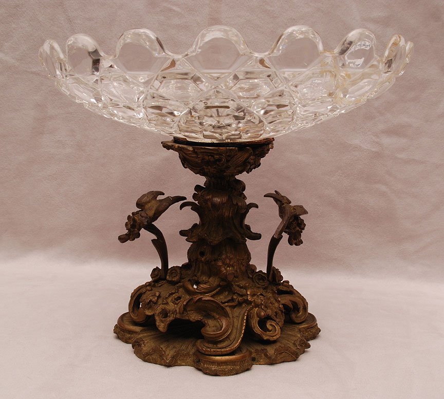 Glass and bronze large compote (cracks): Glass and bronze large compote, 2 birds adorn the bronze base, 9 7/8"h x 12"dia (compote has cracks)
