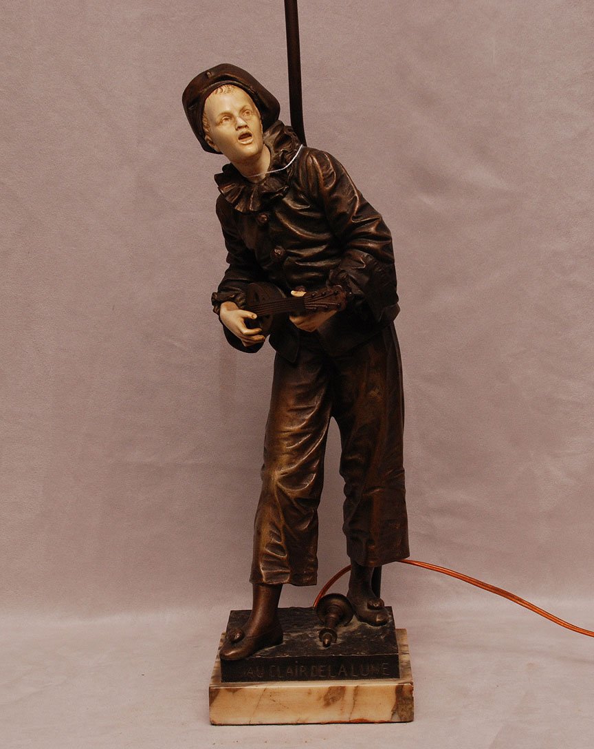 Eutrope Bouret (French 1833-1906) Bronze and Carved: Eutrope Bouret (French 1833-1906) Bronze and Carved Ivory Sculpture/lamp "Au Claire de la Lune" on Stepped Marble and Onyx Base. Inscribed Signature and Title to Base.