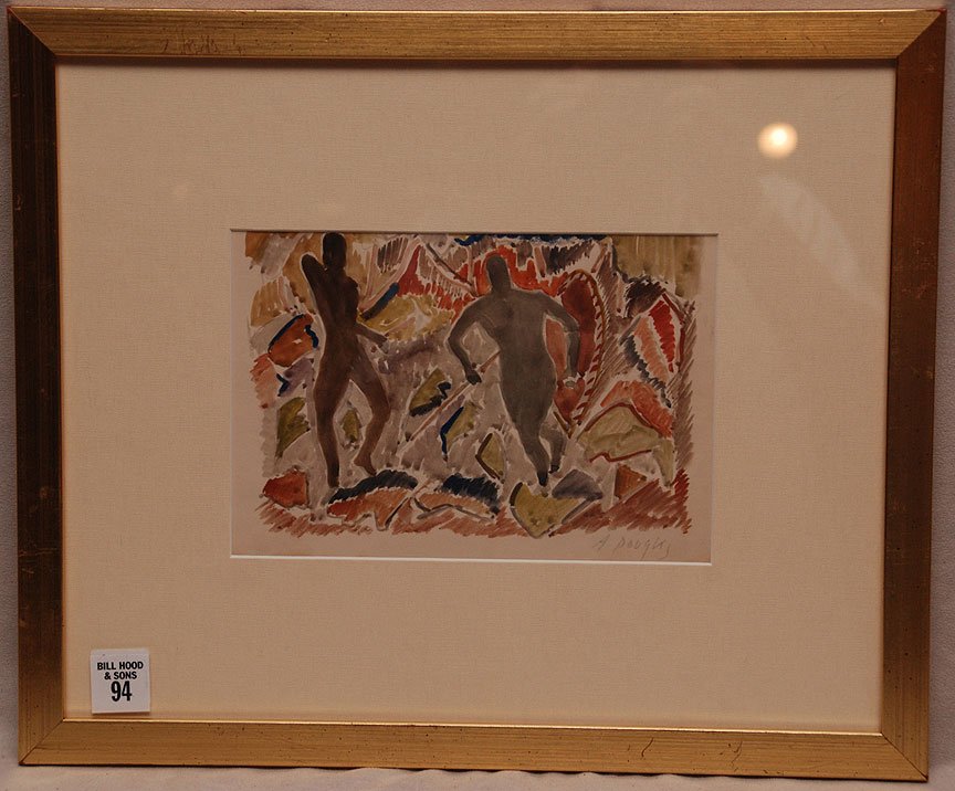 Aaron Douglas (1899 - 1979) watercolor, 2 figures in: Aaron Douglas (1899 - 1979) watercolor, 2 figures in battle, size 6.25 x 9.13, a letter of authentication from Dr Jontyle Robinson will accompany the lot