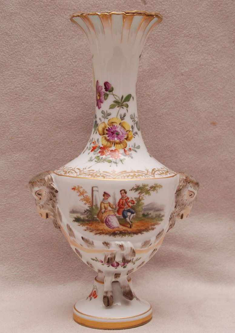 KPM vase, 19th c. scenes & lamb's heads, 7"h x 3 3/4"w: KPM vase, 19th c. scenes & lamb's heads, 7"h x 3 3/4"w