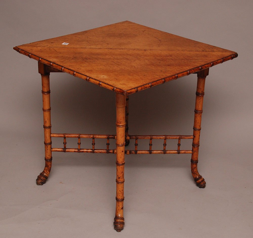 19th c. Bird's eye maple and bamboo handkerchief table,: 19th c. Bird's eye maple and bamboo handkerchief table, 38"L x 28"H
