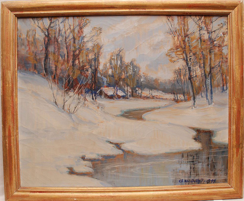 Charles William Duvall (1865-1966) Snow Scene, Oil on: Charles William Duvall (1865-1966) Snow Scene, Oil on canvas, Signed and dated 1944 lower right. Dimensions: h: 21.5 x w: 26.5 in.