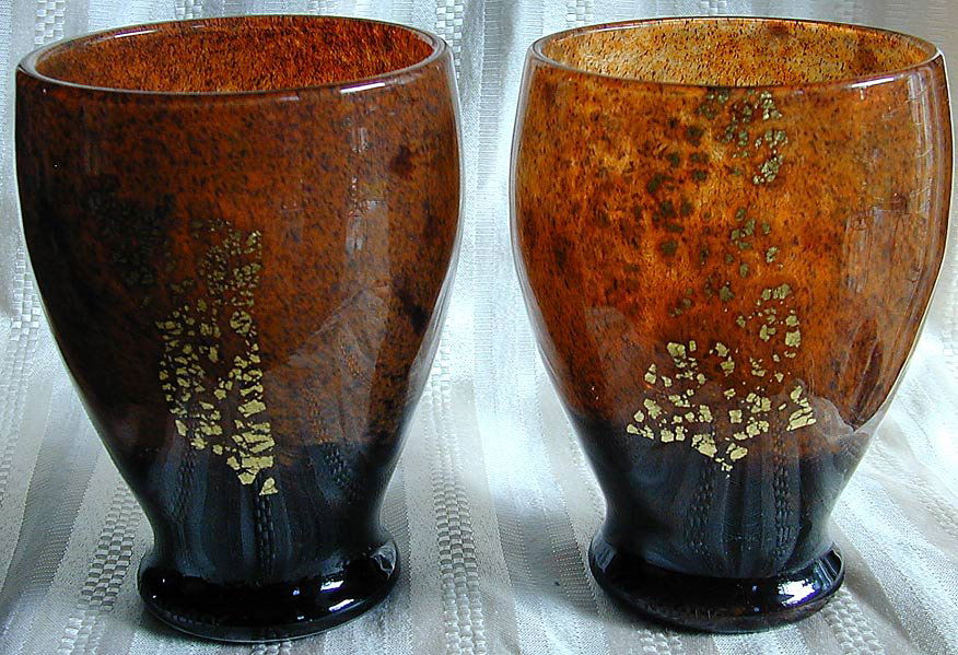 Pr Daum Nancy Glass Vases 5 3/4"H Of mottled glass with: Pr Daum Nancy Glass Vases 5 3/4"H Of mottled glass with internal gold flecked panels; each colored in tones of peach and dark brown with the bottom edges of both engraved Daum Nancy with the Cross of