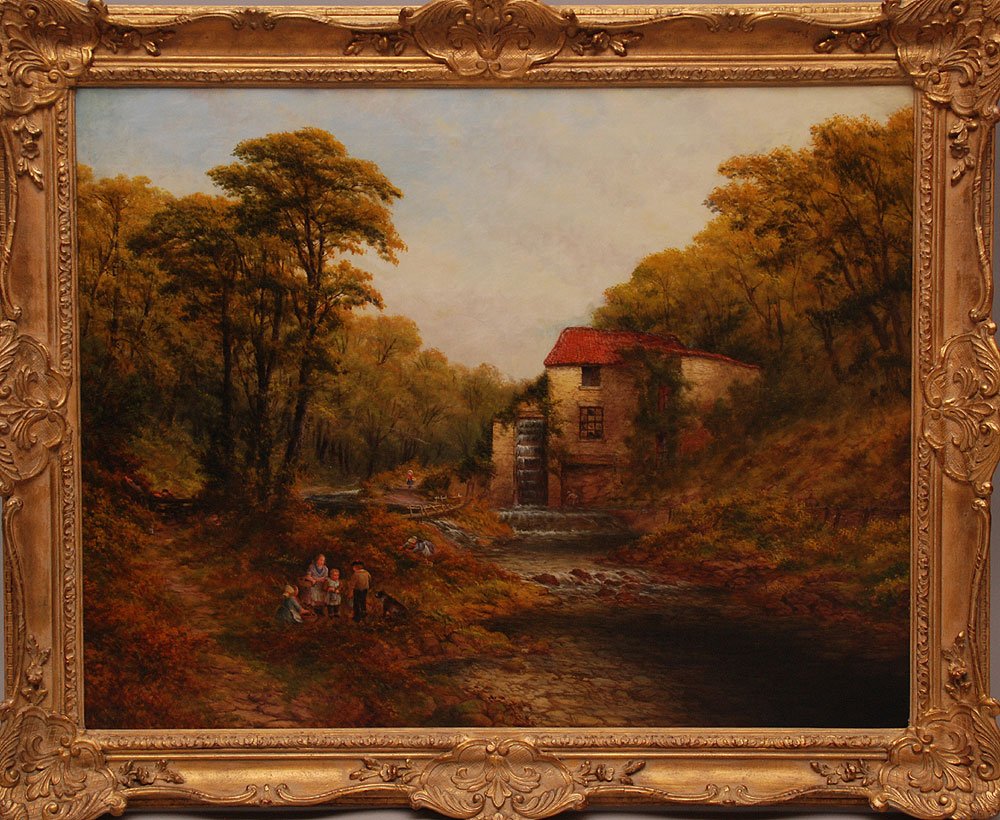 Stuart Henry Bell (United Kingdom 1823 - 1896) oil on: Stuart Henry Bell (United Kingdom 1823 - 1896) oil on canvas, wooded forest scene with figures and watermill by river approx. 28" x 36"