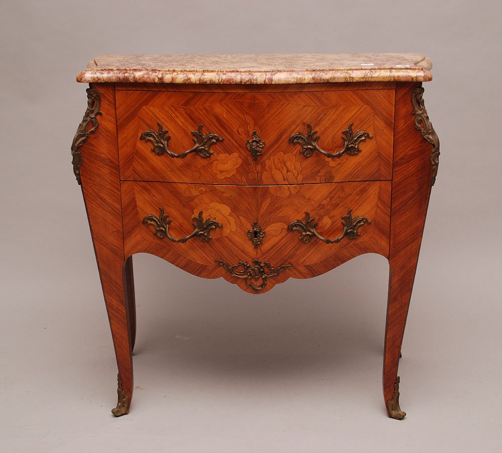 Two drawer French commode with inlay floral design and: Two drawer French commode with inlay floral design and ormolu mounts and marble top, 30"H x 31"W x 16"D