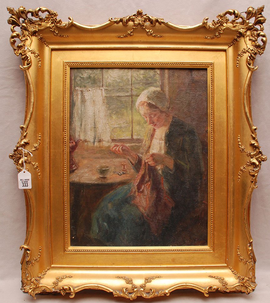Continental School signed illegibly lower left, oil on: Continental School signed illegibly lower left, oil on canvas, Women Knitting, 17" x 13-1/2"
