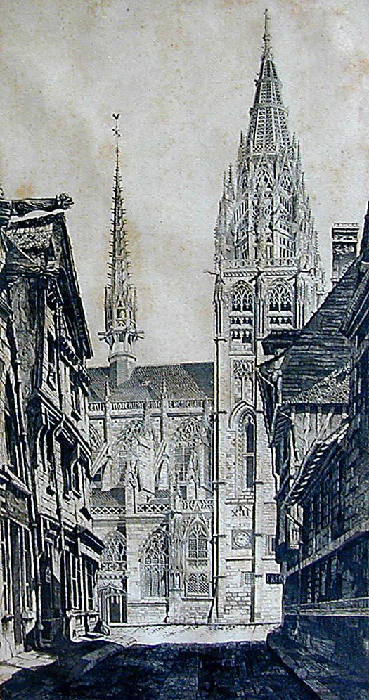 John Taylor Arms (1887-1953) Etching 1931 Titled: John Taylor Arms (1887-1953) Etching 1931 Titled "Sunlight On Stone" (Caudebec-en-Caux) by American artist John Taylor Arms (1887-1953); pencil signed and dated 1931; old label on reverse states this