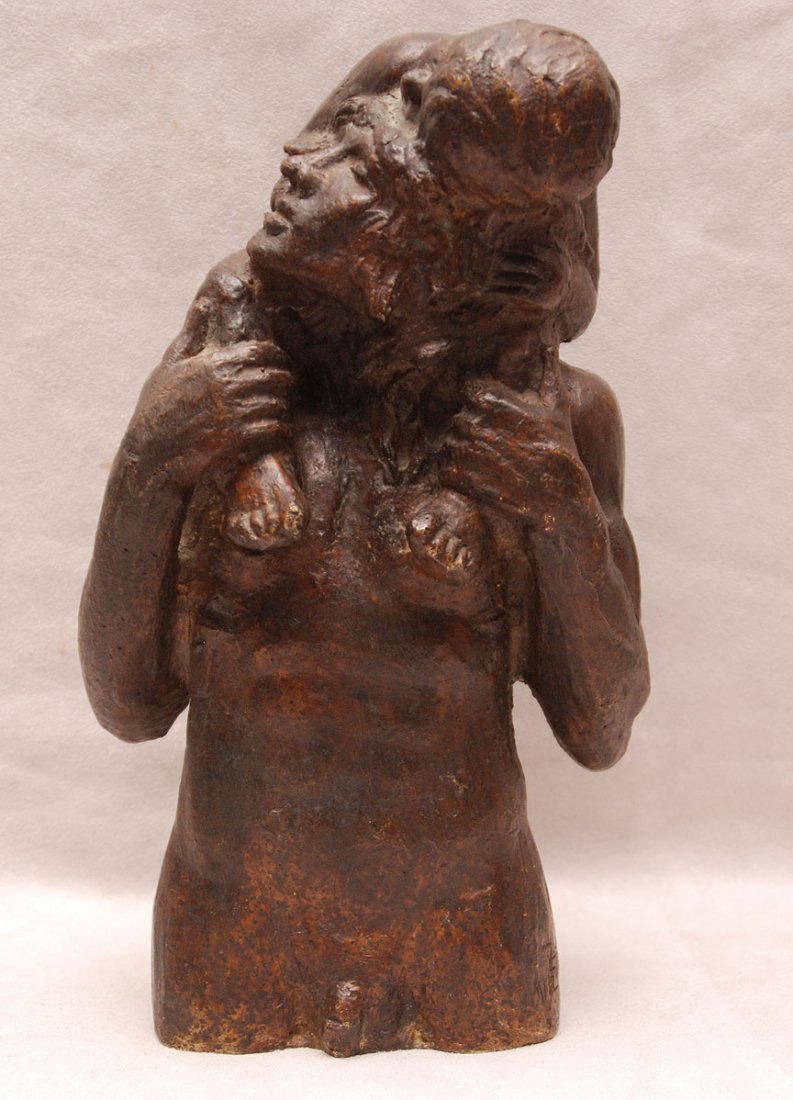 VICTOR SALMONES (MEXICAN, 1937-1989) BRONZE BUST, Man: VICTOR SALMONES (MEXICAN, 1937-1989) BRONZE BUST, Man with boy on shoulders, 9 1/2"h x 5"w