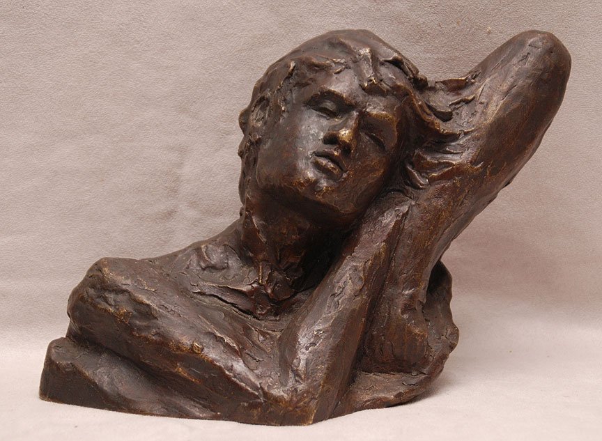 VICTOR SALMONES (MEXICAN, 1937-1989) BRONZE BUST, Man: VICTOR SALMONES (MEXICAN, 1937-1989) BRONZE BUST, Man reclining, 6 1/2"h x 9 1/2"w