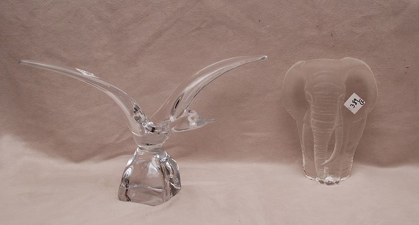 Daum bird in flight (8 3/4"h x 15"w) and Swedish: Daum bird in flight (8 3/4"h x 15"w) and Swedish elephant (9"h)