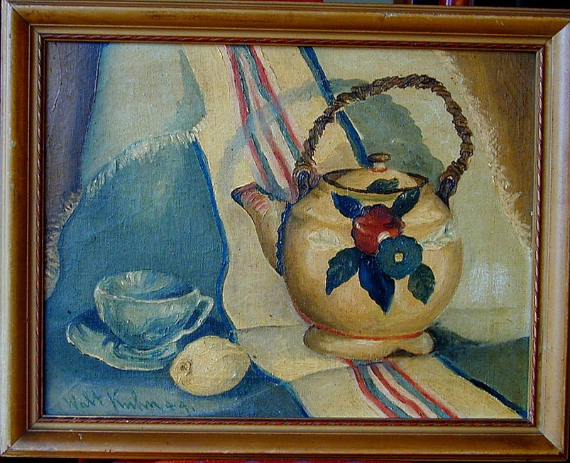 Walt Kuhn (Amer 1877-1949) Still Life O/C: Walt Kuhn (Amer 1877-1949) Still Life O/CBoldly painted oil on canvas with strong colors and depicting a floral teapot, teacup, and lemon on a striped tablecloth; signed and dated lower left WALT KUHN
