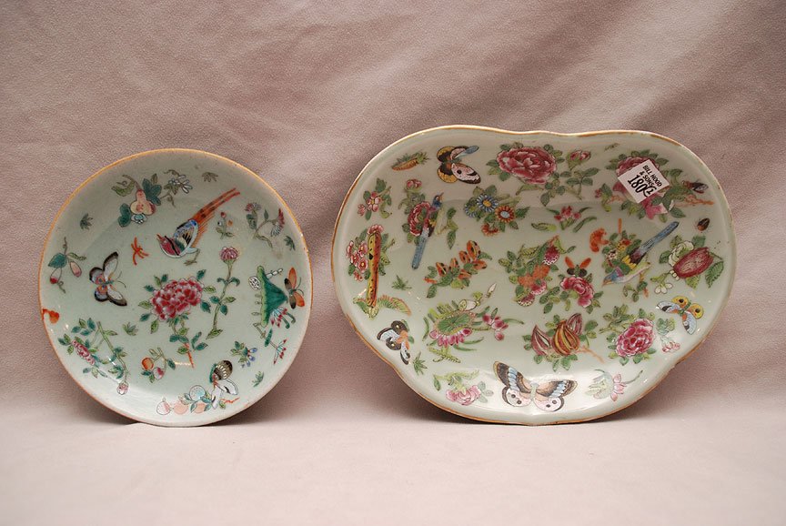 Celadon odd shaped bowl with floral and butterflies, (7: Celadon odd shaped bowl with floral and butterflies, (7 3/4"dia)