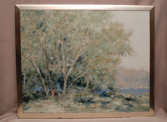 Andre Gisson (American, 1921-2003) "Girls playing under: Andre Gisson (American, 1921-2003) "Girls playing under Trees" oil on canvas, 24" x 30", signed lower right and dated 1963, small silver frame