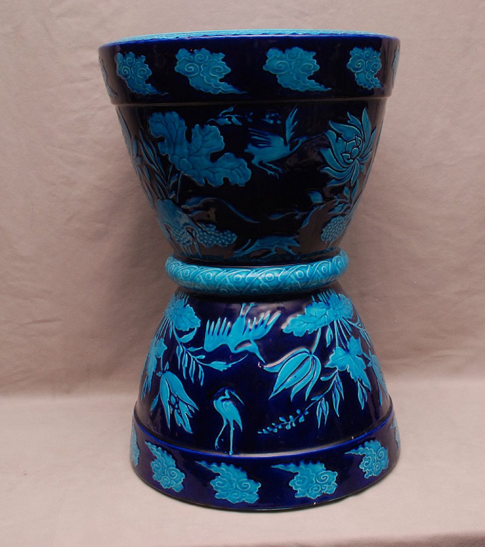 English Minton, 19th c. garden seat or stand, turquoise: English Minton, 19th c. garden seat or stand, turquoise on cobalt blue