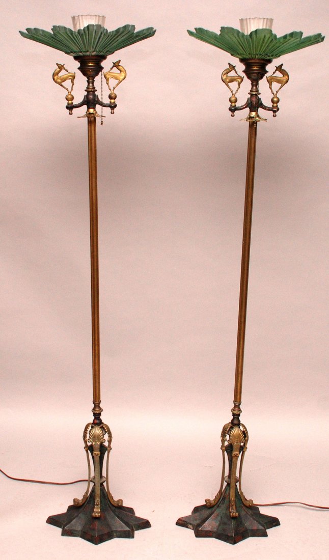 Pair Art Deco floor lamps with linen fold style shades,: Pair Art Deco floor lamps with linen fold style shades, original glass