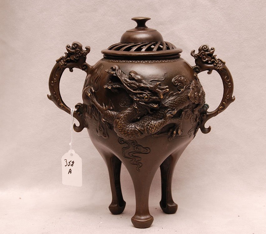 Bronze Chinese incense burner, chop marks, 9 1/2"h x: Bronze Chinese incense burner, chop marks, 9 1/2"h x 9"w