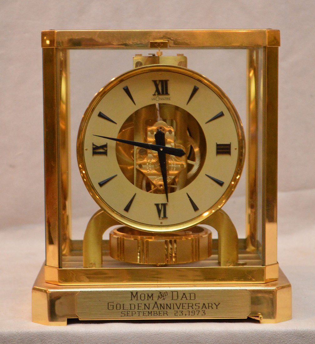 Atmos clock, Le Coultre, brass & glass, 9" tall x: Atmos clock, Le Coultre, brass & glass, 9" tall x 7-1/2" wide