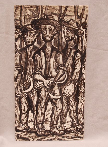 Jose Clemente Orozco (Mexican 1883-1949) study of farm: Jose Clemente Orozco (Mexican 1883-1949) study of farm workers, ink / gouache on card, signed “H.C. Orozco”, size 14 x 8 ½ “