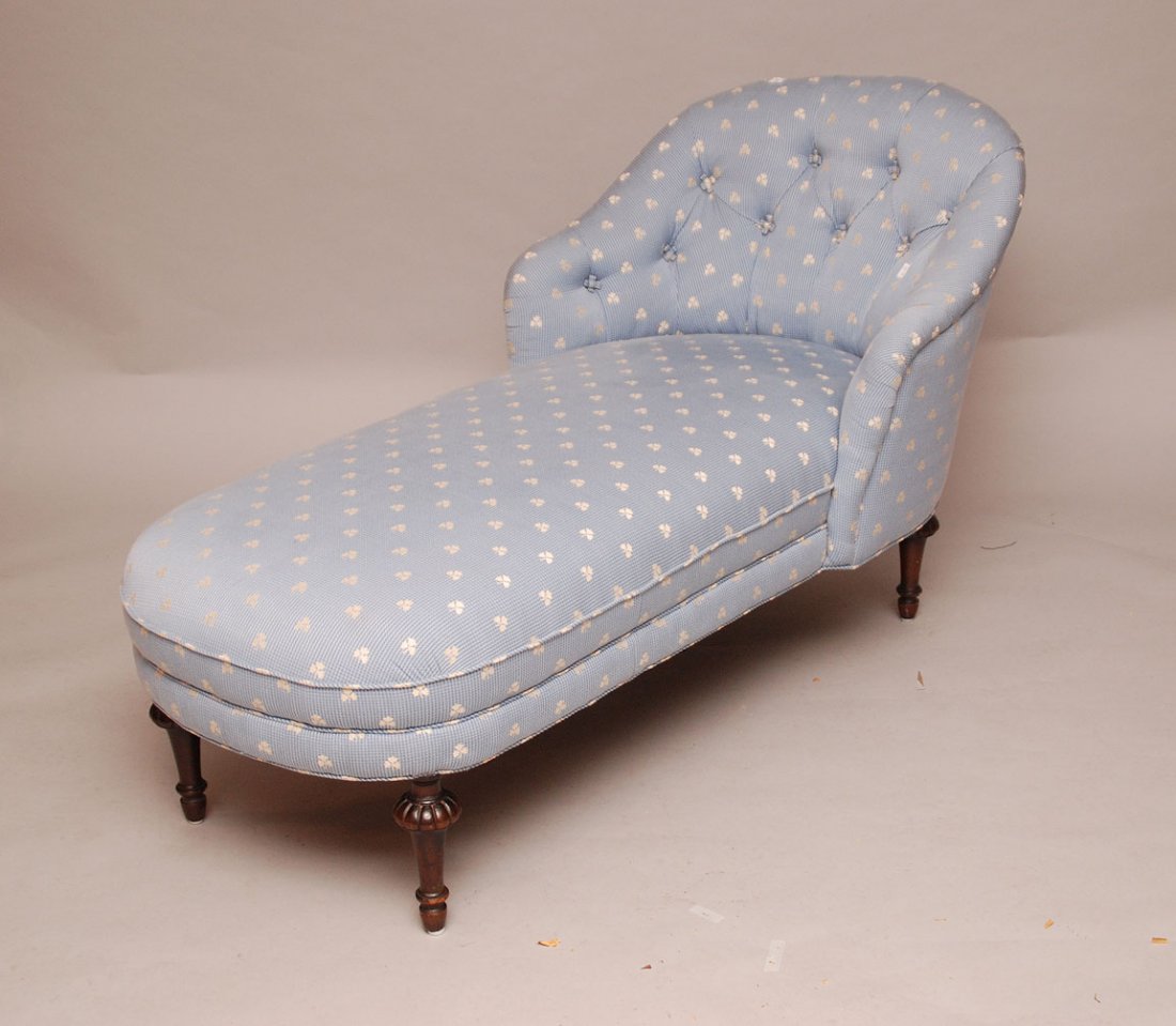 Upholstered chaise lounge, button back with shamrock: Upholstered chaise lounge, button back with shamrock motif upholstery