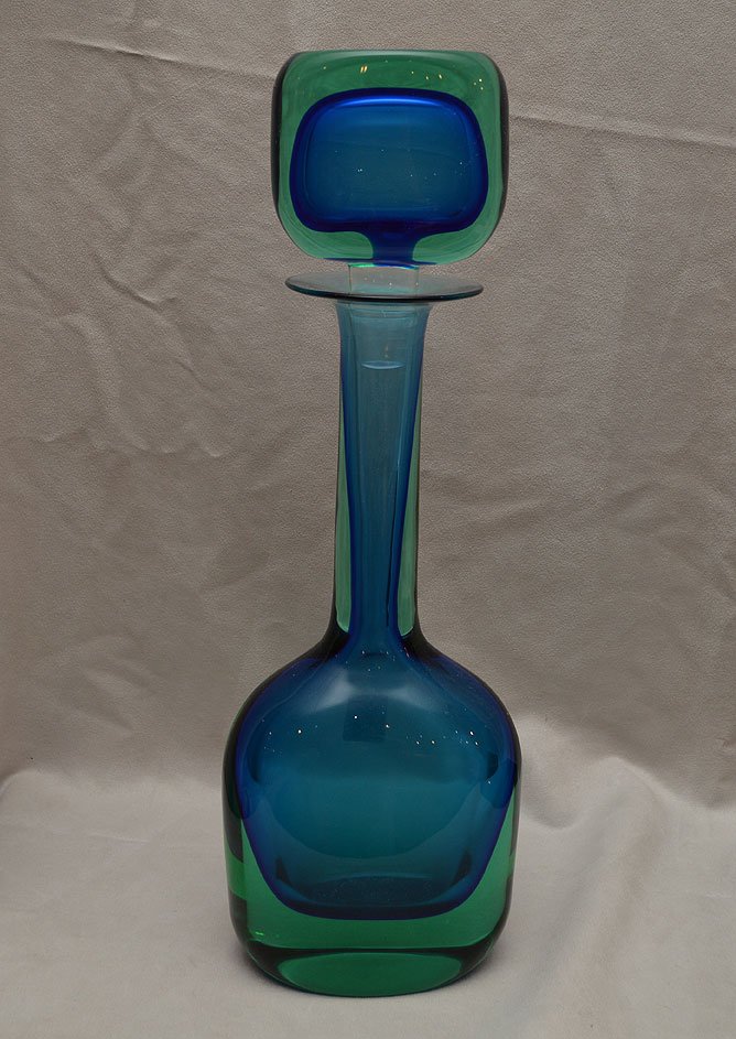 Large Murano oversized blue glass decanter with: Large Murano oversized blue glass decanter with stopper, bottom S.V.D. '79 Albarelli, 19"h x 6"w