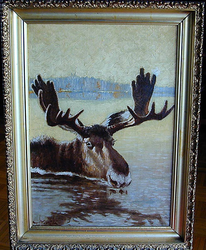 Joseph Knowles Sr. (Amer. (1869-1942) "Moose" Fine: Joseph Knowles Sr. (Amer. (1869-1942) "Moose" Fine early illustration by the renowned American painter Joseph Knowles Sr. depicting a large moose wading through deep waters; signed lower left; image 2