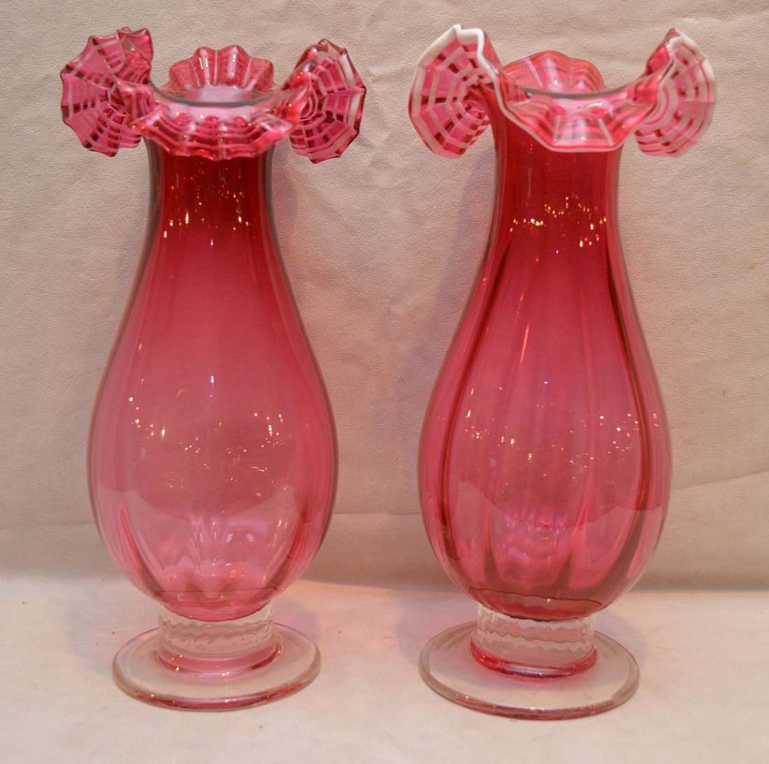 Pair of fabulous cranberry glass vases, hand blown with: Pair of fabulous cranberry glass vases, hand blown with ruffled rim, 14 1/2"h