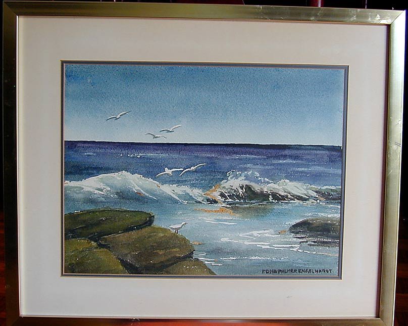 Edna Palmer Engelhardt (Amer 1897-1991) Seascape W/C: Edna Palmer Engelhardt (Amer 1897-1991) Seascape W/C Depicting seagulls above crashing waves, watercolor is signed lower right; image: 10.5" x 14".