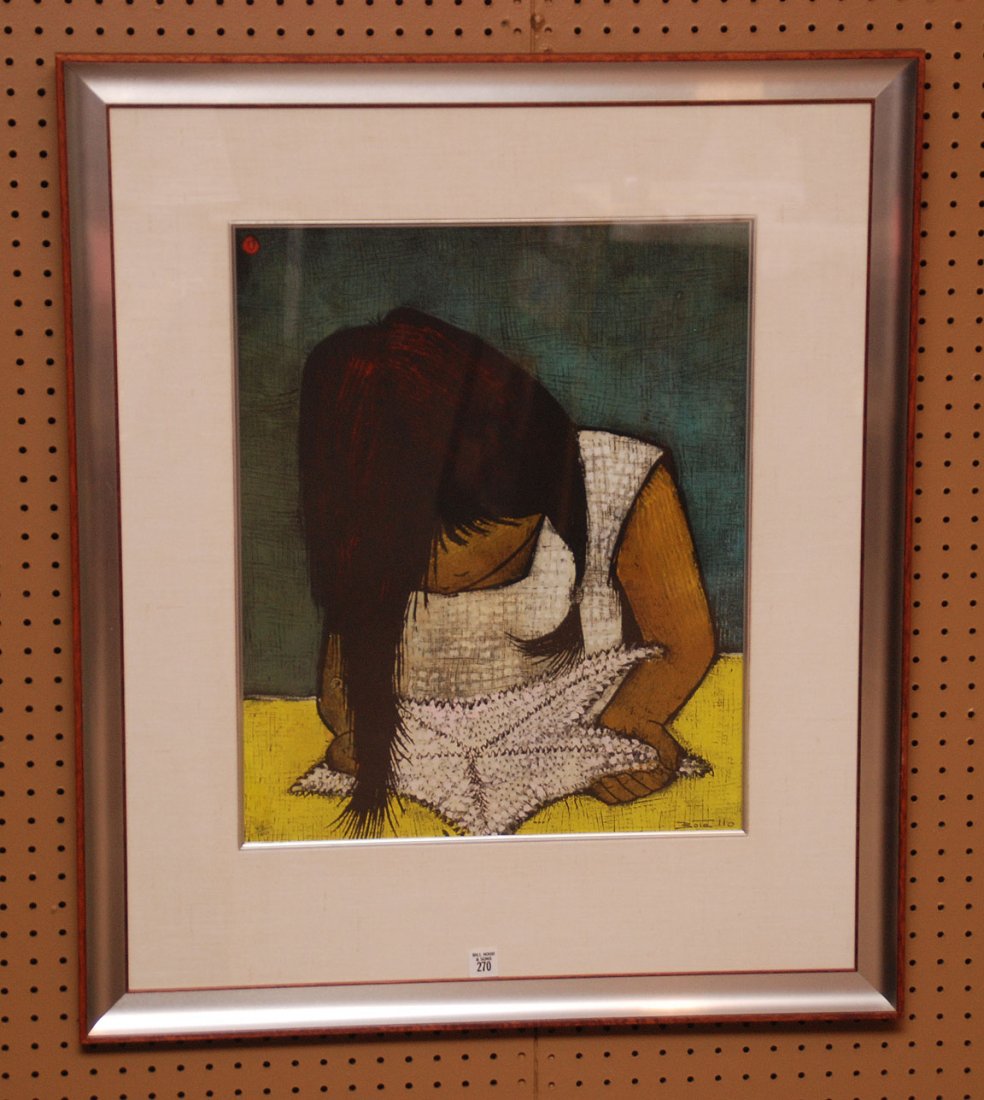 Angel Botello (PUERTO RICAN, 1913-1986) original: Angel Botello (PUERTO RICAN, 1913-1986) original linocut "U" depicting a child with a starfish, Numbered 43/100 to lower left. Signed Botello to lower right. site Measures 17-1/2" x 21-1/2"