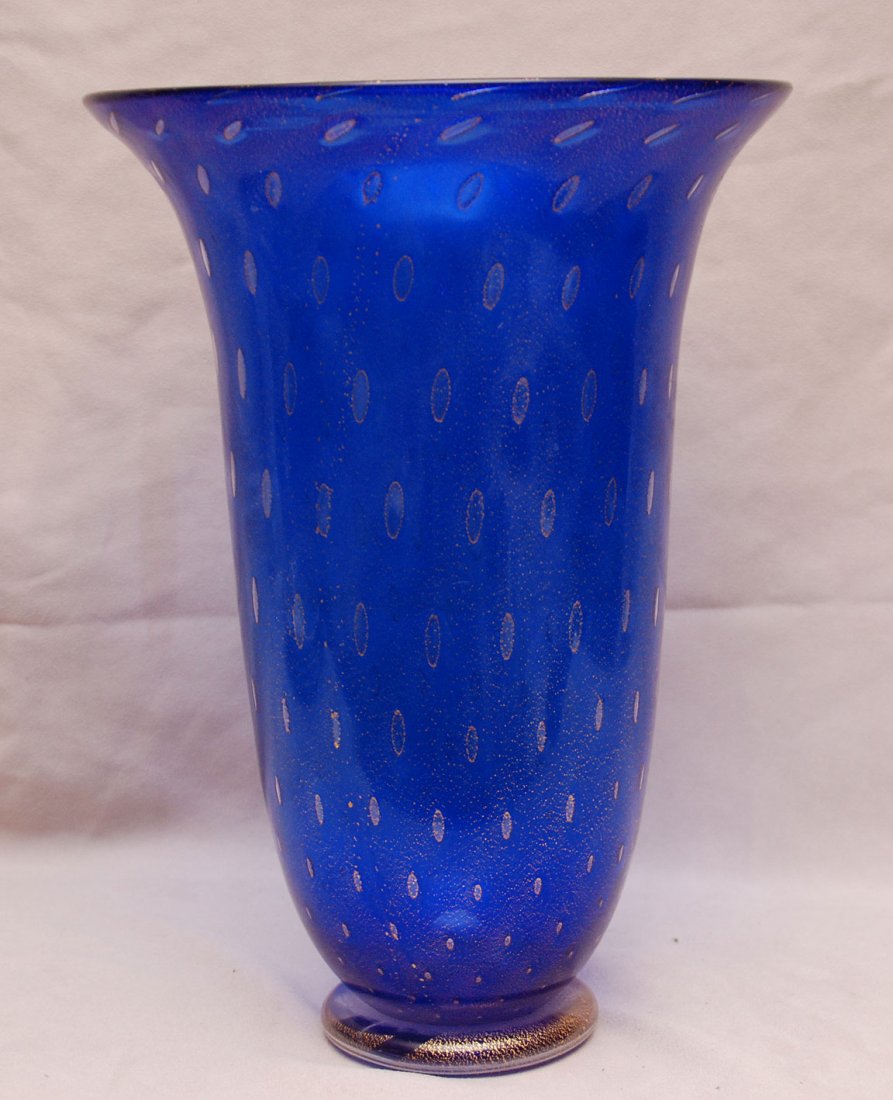 Murano Modern cobalt blue vase, gold flecks, flared: Murano Modern cobalt blue vase, gold flecks, flared rim, 12 1/2"h