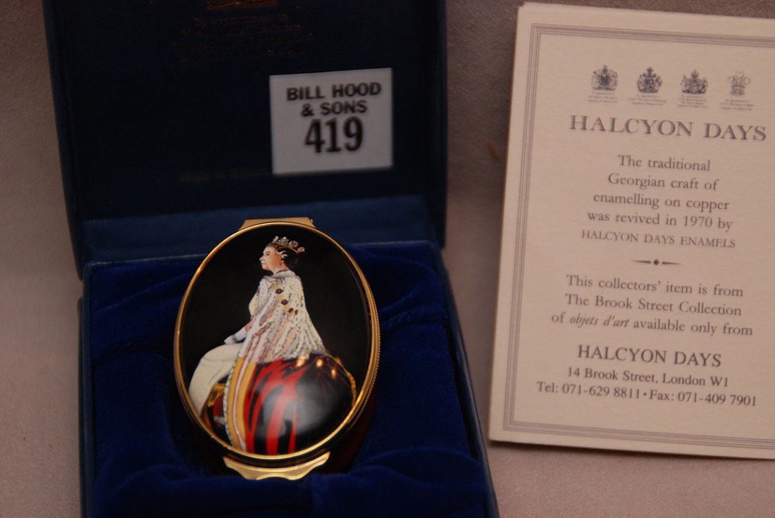 Halcyon Days enamel box, "To mark the 40th Anniversary: Halcyon Days enamel box, "To mark the 40th Anniversary of the Coronation of H.M. Queen Elizabeth II on 2nd June 1953 at Westminister Abbey", original box, 2 1/4"