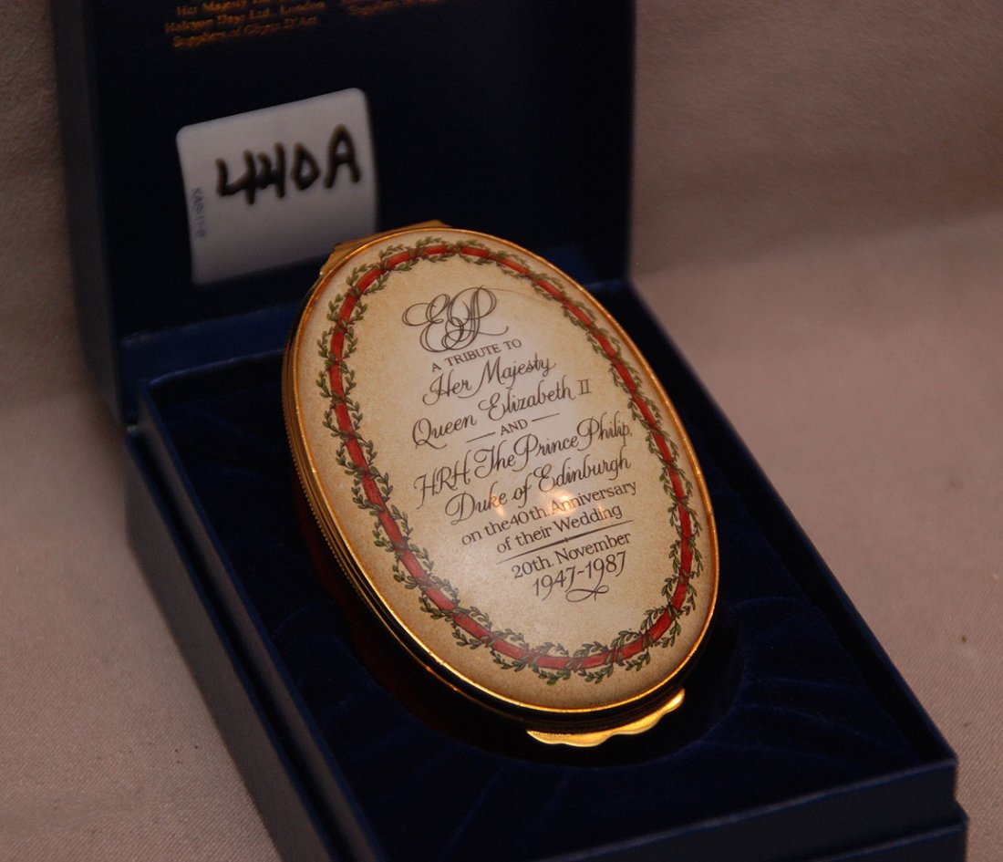 Halcyon Days enamel box, "A tribute to Her Majesty: Halcyon Days enamel box, "A tribute to Her Majesty Queen Elizabeth II and H.R.H. The Prince Philip Duke of Edinburgh on the 40th Anniversary of their wedding day", original box, 2 3/4"