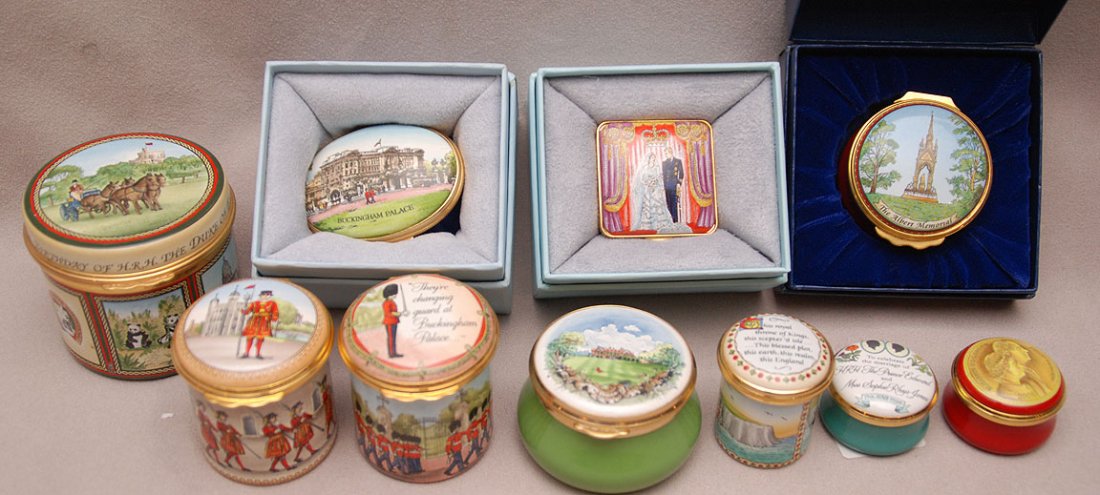 10 Halcyon Days enamel boxes (described to the best of: 10 Halcyon Days enamel boxes (described to the best of our ability) Albert Memorial (1 3/4"), Her Majesty The Queen & His Royal Highness The Duke of Edinburgh Wedding, Nov. 20, 2007 (1 1/4"), Buckingh