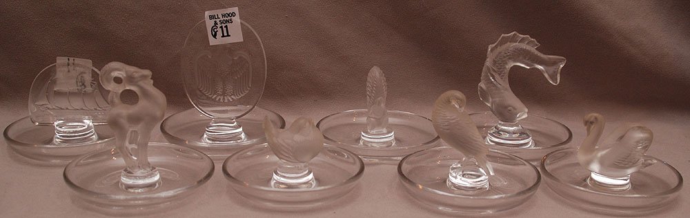 8 Lalique ring dishes, animals, birds and 1 ship, 1: 8 Lalique ring dishes, animals, birds and 1 ship, 1 3/4"h to 3 3/4"h (chip on squirrel ear)