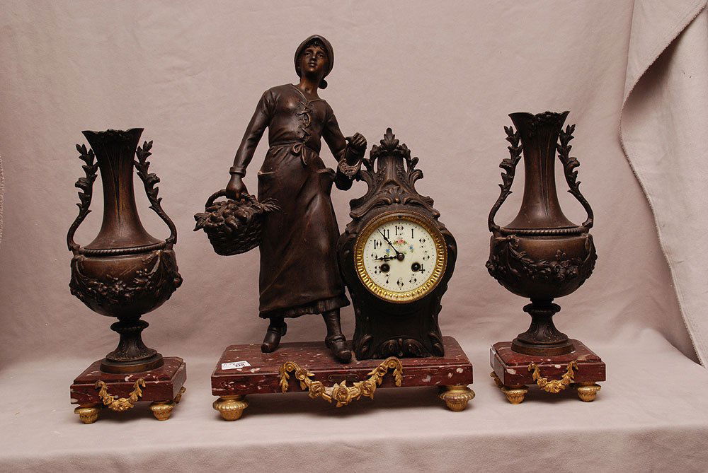 19th Century Garniture Set, 3 pc, figural white metal,: 19th Century Garniture Set, 3 pc, figural white metal, painted porcelain face on marble base