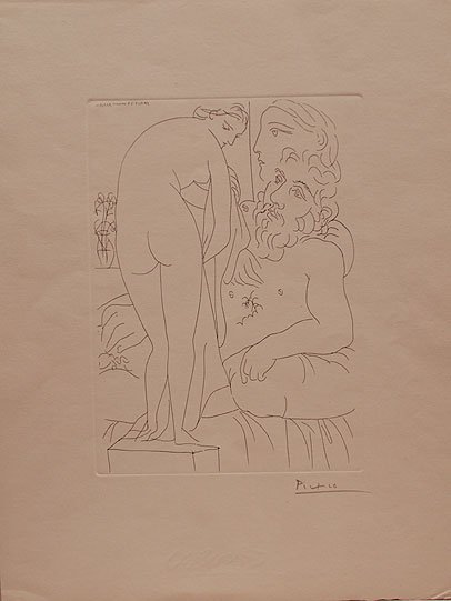 Pablo Picasso (Spanish, 1880-1973), Le repos du: Pablo Picasso (Spanish, 1880-1973), Le repos du sculpteur devant un nu a la draperie, pl. 51 (from La Suite Vollard), 1933, etching, signed in pencil lower righ, published by A. Vollard, 1939, 10 1/2"