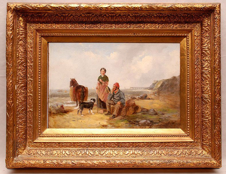 John Duvall (United Kingdom 1816 - 1892) oil on canvas: John Duvall (United Kingdom 1816 - 1892) oil on canvas laid on board, Landscape coastline, women dog & horse with fisherman taking a rest, canvas size 11-1/2" x 17-1/2" in gilt frame