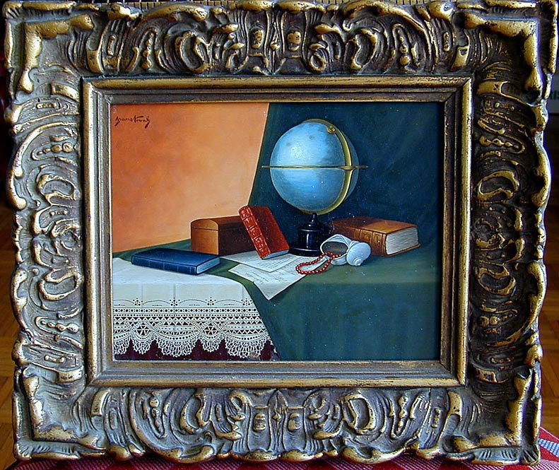 Franz Nowak (Austrian 1886-1973) Still Life Oil On: Franz Nowak (Austrian 1886-1973) Still Life Oil On board and painted with exacting detail, depicting a tabletop still life composed of conch shell, red coral necklace, fancy lace tablecloth, books, pa