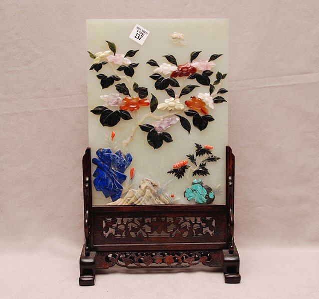 Chinese jade table screen decorated with hard stone in: Chinese jade table screen decorated with hard stone in fitted wood frame