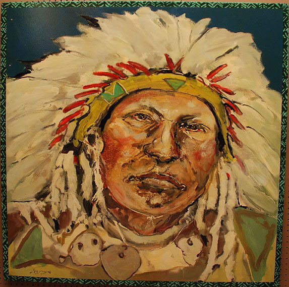 Ira Yeager (American/California 1938 -) oil on canvas,: Ira Yeager (American/California 1938 -) oil on canvas, Portrait- Native American with Headdress, 48" x 48"
