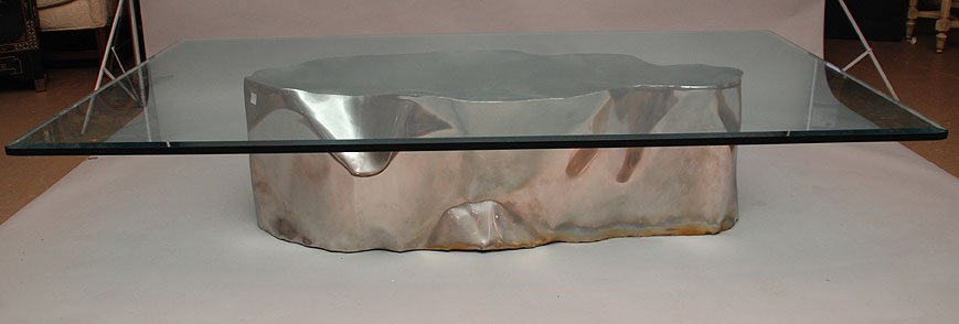 Silas Seandel (American 1937 - ) polished steele Tub: Silas Seandel (American 1937 - ) polished steele Tub Coffee Table, 48" Long x 18-1/2" wide x 14" tall. 3/4" beveled glass top size is 6' x 40"wide