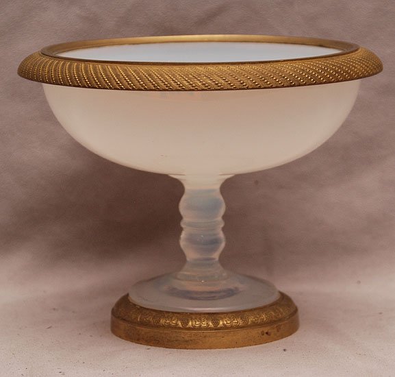 Opaline pedestal compote with bronze trim: Opaline pedestal compote with bronze trim