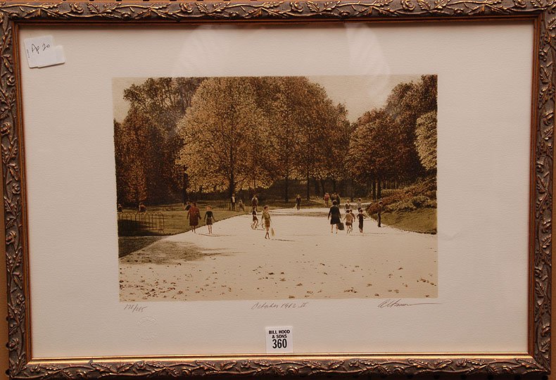 Harold Altman (1924-2003 American) Park Scene Print;: Harold Altman (1924-2003 American) Park Scene Print; October 1982, pencil signed and numbered 178/275 . Mourlot/Paris stamp, image size approx 12" x 8"
