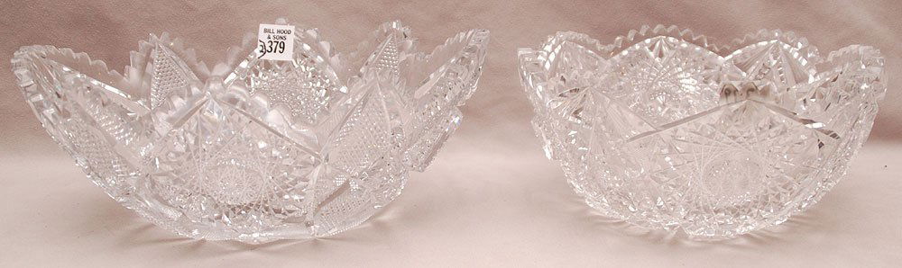 2 cut glass bowls, 4 3/8"h x 11 3/8"dia AND 4"h x 9"dia: 2 cut glass bowls, 4 3/8"h x 11 3/8"dia AND 4"h x 9"dia (minor nicks)
