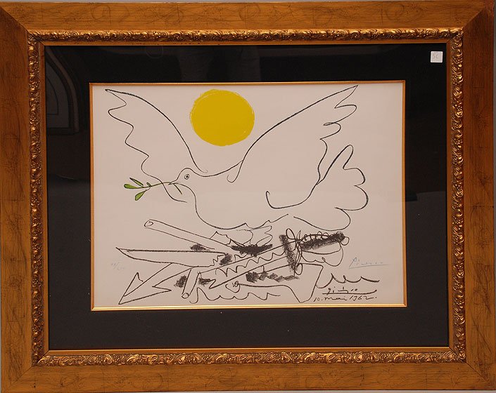 Pablo Picasso (Spanish, 1881-1973) Peace Dove, 1962,: Pablo Picasso (Spanish, 1881-1973) Peace Dove, 1962, color offset lithograph on arches paper, hand signed & numbered 43/200. Sheet size 22 by 30 in., sight: 21 ¾ by 29 ½ in.
