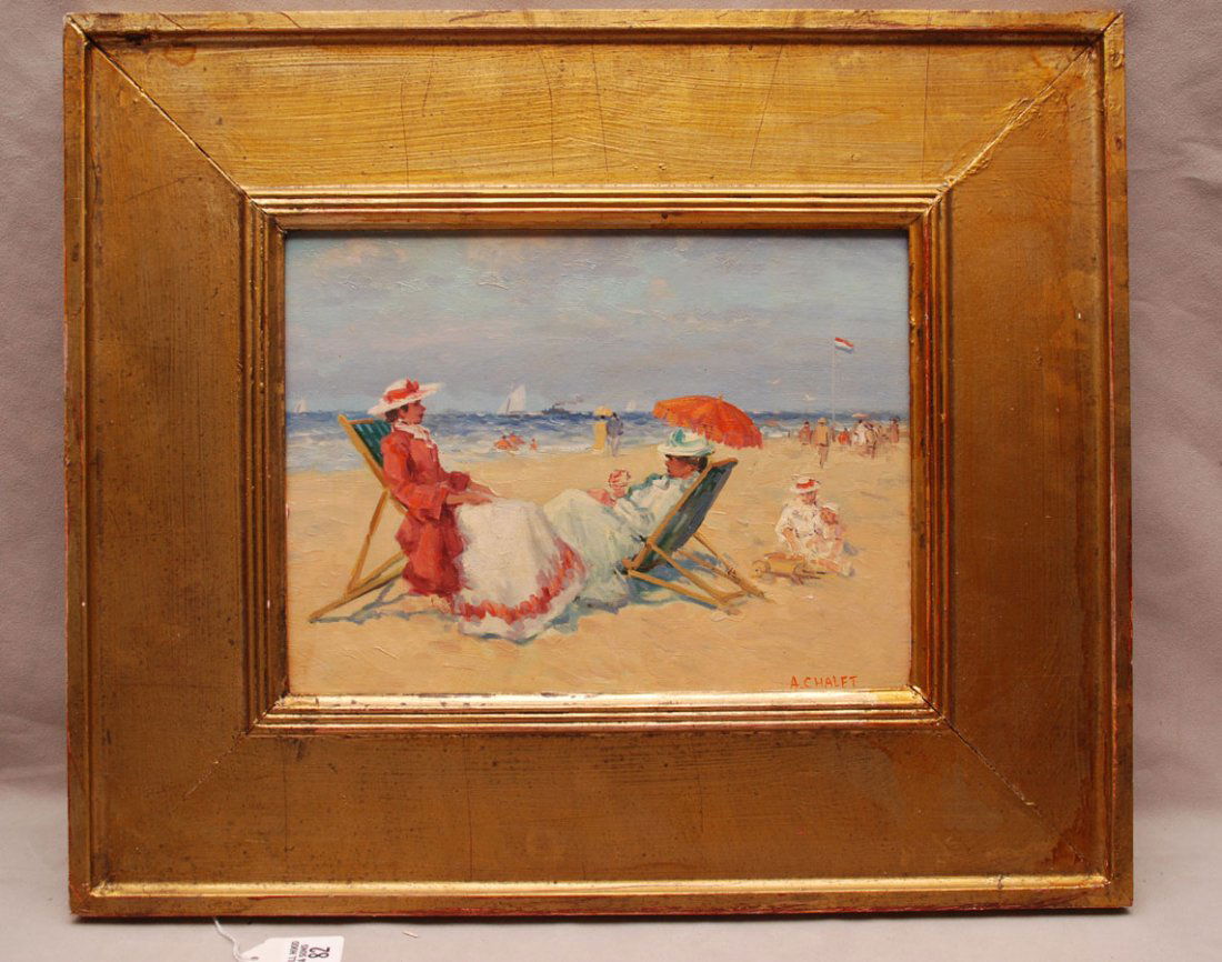 Andre Chalet (French, b. 1954) "ladies on the Beach": Andre Chalet (French, b. 1954) "ladies on the Beach" oil on board, signed A. Chalet (lower right) 8-3/4" x 11-3/4" inches.