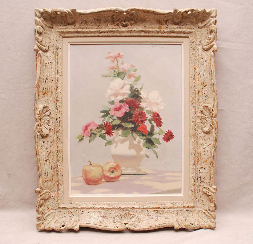 ANDRE GISSON, American 1921 - 2003, “Floral Still Life: ANDRE GISSON, American 1921 - 2003, “Floral Still Life With Apples”, oil on canvas 16” x 12”, signed upper right, framed.