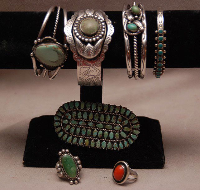 4 silver & turquoise bracelets (1) barrett and 2 ladies: 4 silver & turquoise bracelets (1) barrett and 2 ladies rings, coral and turquoise