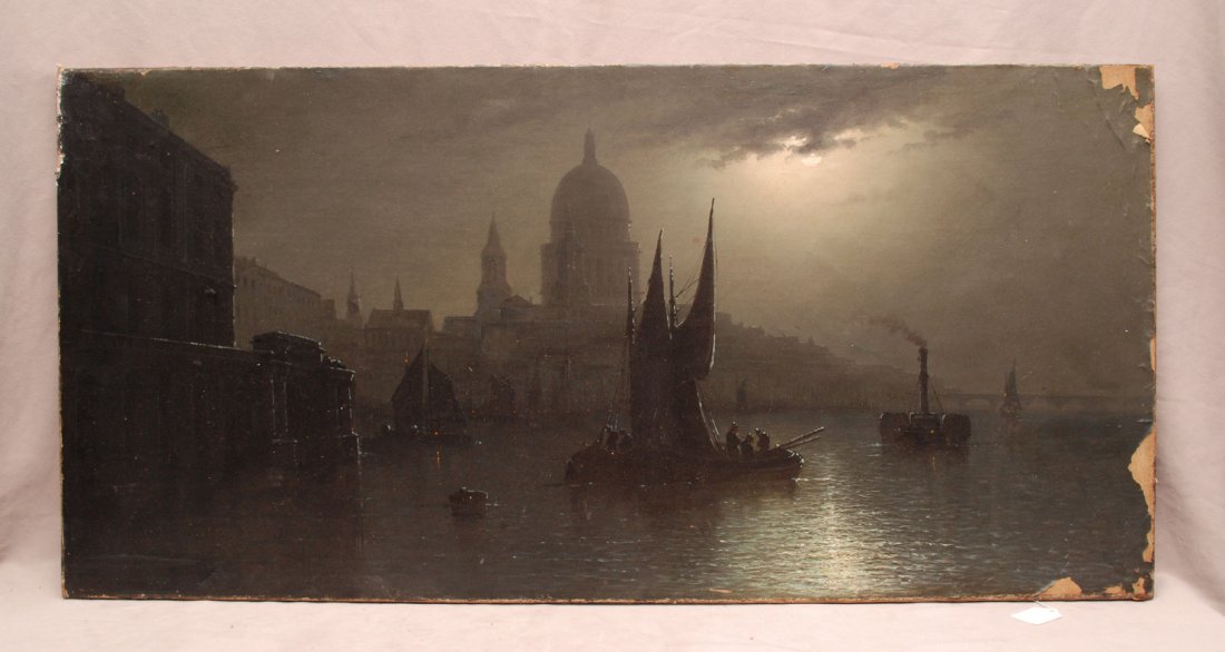 19th Century Continental School oil, Moonscape: 19th Century Continental School oil on canvas, Moonscape, signature illegible, 18" x 37"