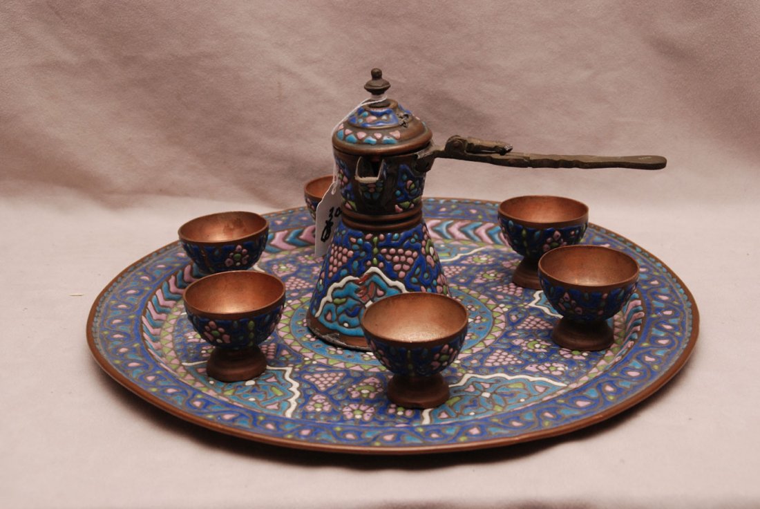 8 pcs. Syrian enameled set incl: tray, 6 cups, pourer,: 8 pcs. Syrian enameled set incl: tray, 6 cups, pourer, 7"L x 5 3/4"H, tray 13dia.
